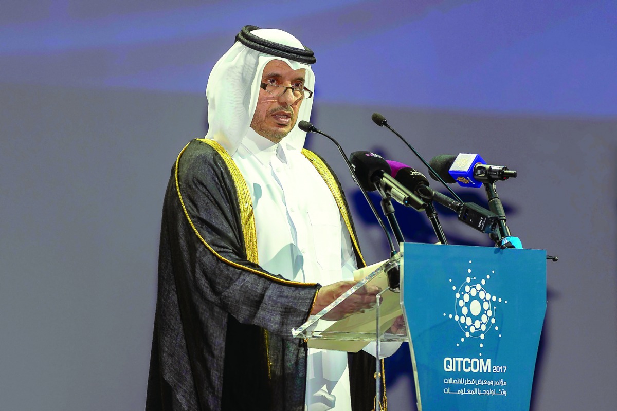 Prime Minister and Interior Minister H E Sheikh Abdullah bin Nasser bin Khalifa Al Thani speaking at QITCOM 2017.