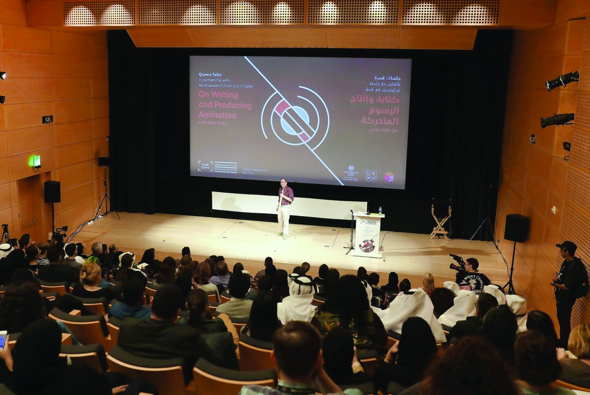 Mike Reiss speaks on stage during the Qumra Talks on “Writing and Producing Animation’, on day four of Qumra, yesterday.