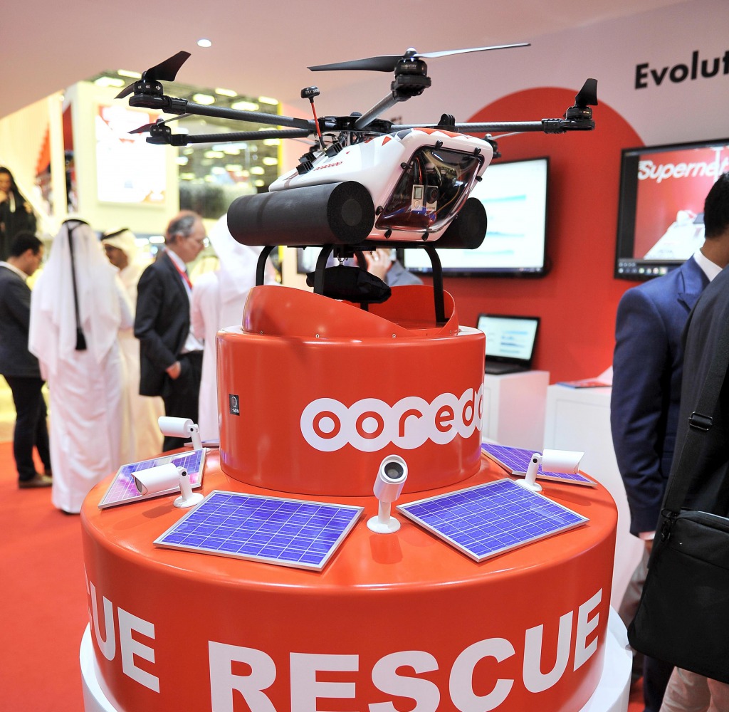 The drone displayed at the Ooredoo booth during the QITCOM Conference and Exhibition at QNCC yesterday.  Pic: Baher Amin/ The Peninsula