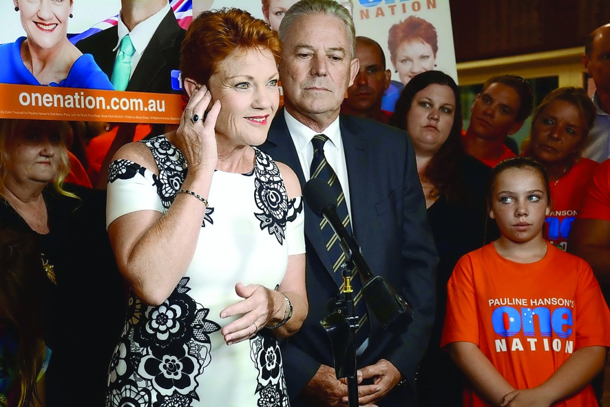 Australian Senator Pauline Hanson addresses a Pauline Hanson's One Nation election function in Perth.