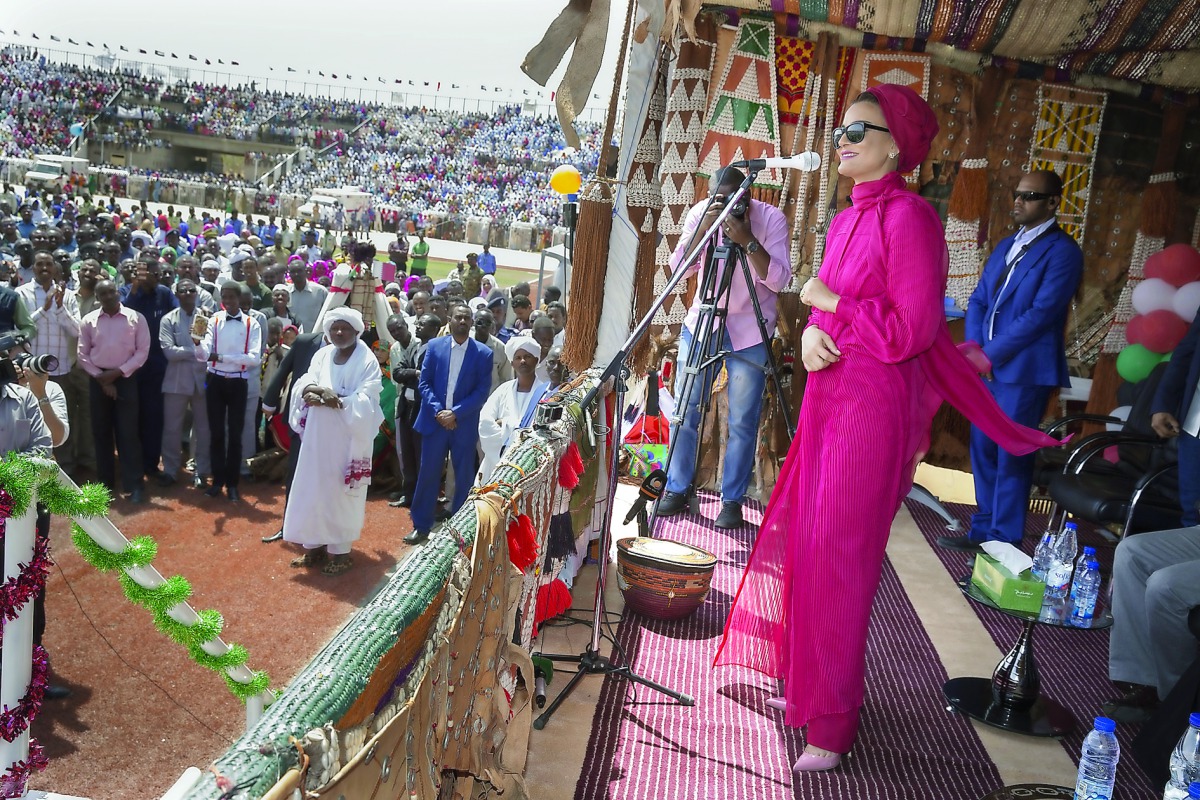 H H Sheikha Moza bint Nasser addressing people at El Obied celebrations. Pic: Aisha Al Musallam / HHOPL