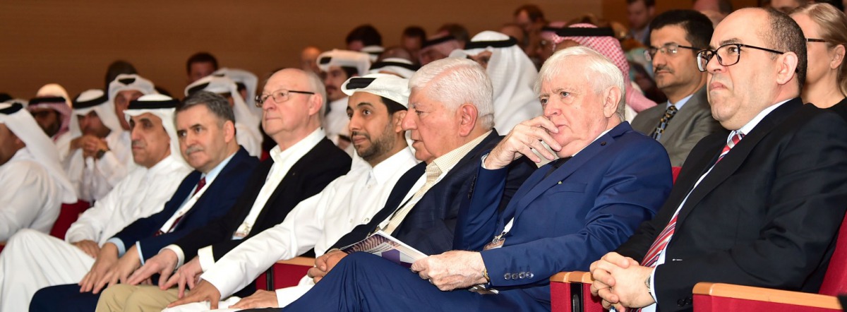 The Economic Adviser at the Emiri Diwan and Member of Qatar University (QU) Board of Regents H E Dr Ibrahim Al Ibrahim,  QU President Dr Hassan Al Derham and other officials at the IREG Forum 2017 in Doha yesterday.