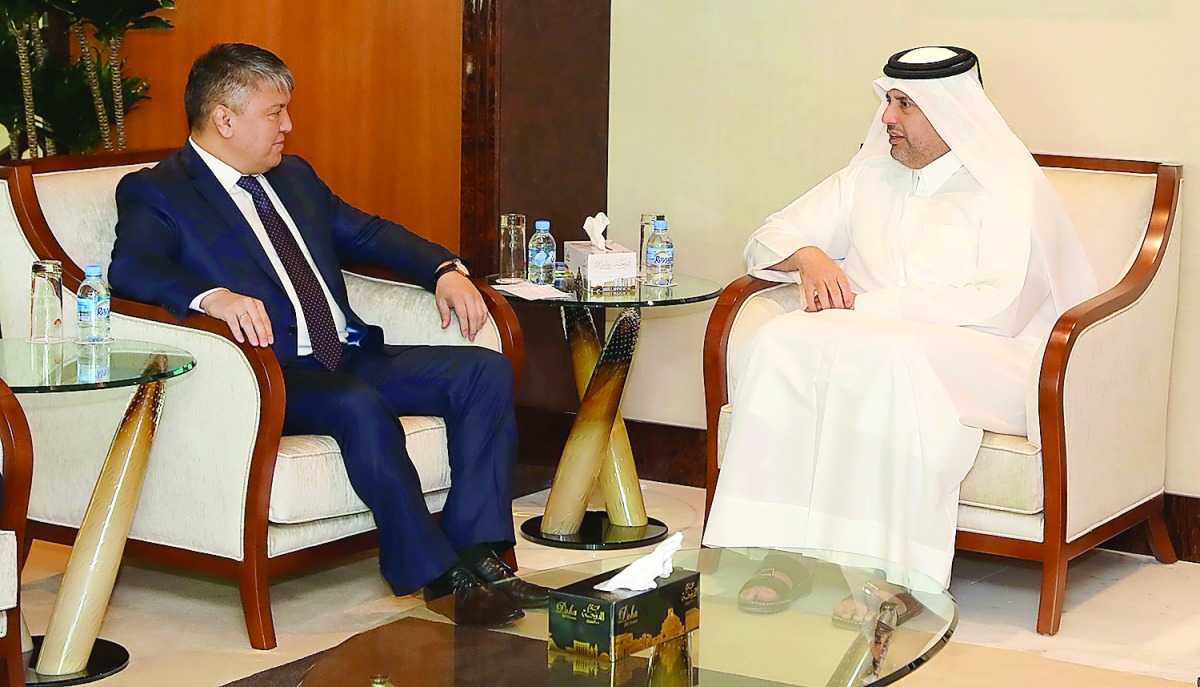 Minister of Economy and Commerce, H E Sheikh Ahmed bin Jassim Al Thani (right) holding talks with Minister of Economy and Trade of Kyrgyzstan Kojoshev Arzybekev.
