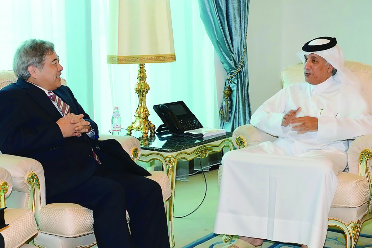 Minister of State for Foreign Affairs H E Sultan bin Saad Al Muraikhi with Ambassador of Japan to Qatar, Seiichi Otsuka, yesterday. The Minister also separately met Ambassador of Singapore, Jai S Sohan. Talks dealt with bilateral relations and means to en