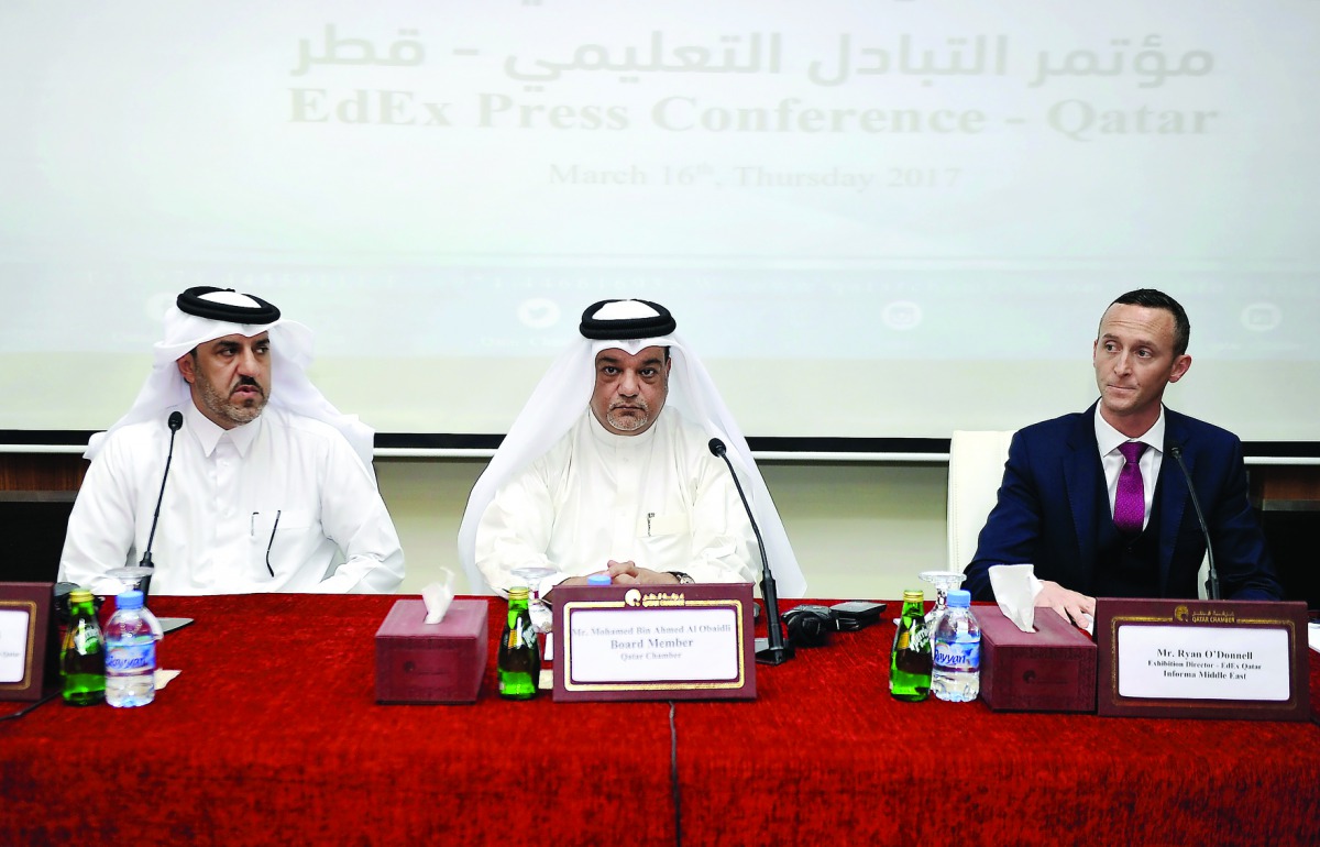 from left: Hassan Al Mohamedi, Director of Public Relations at the Ministry of Education and Higher Education; Mohammed Ahmed Al Obaidali, Board Member of Qatar Chamber; and Ryan O' Donnell, Exhibition Director - EdEx Qatar, during the press conference at