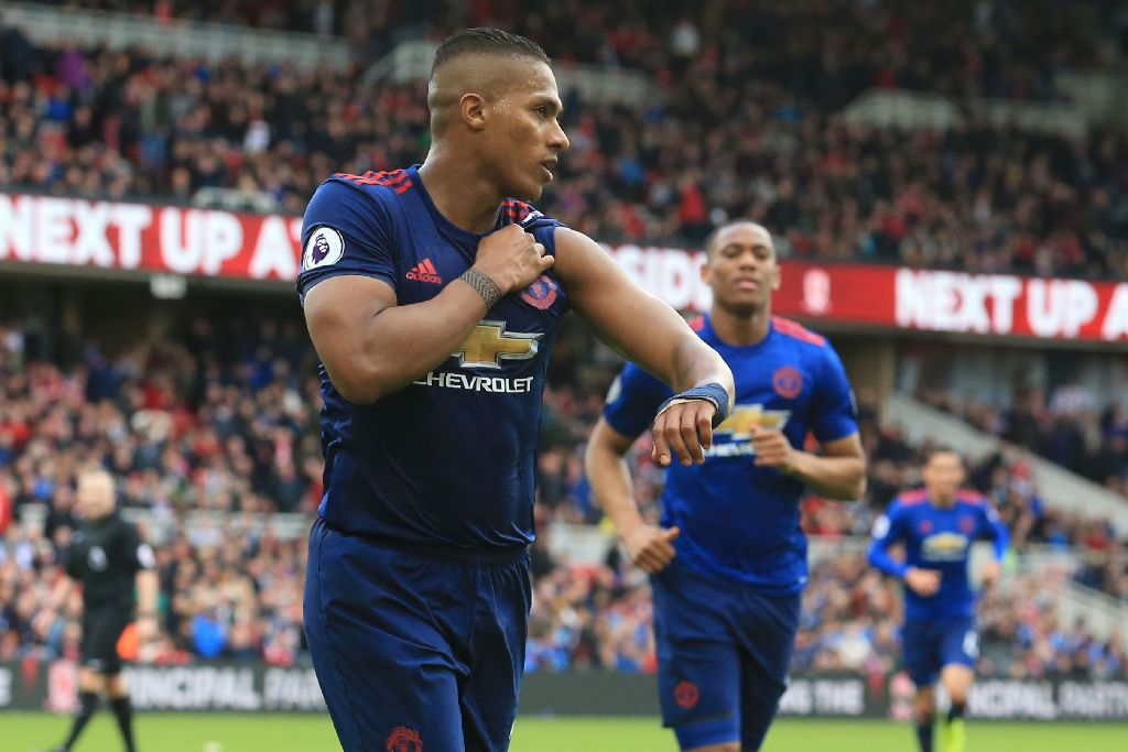 Manchester United's Ecuadorian midfielder Antonio Valencia celebrates after scoring their third goal during the English Premier League football match between Middlesbrough and Manchester United at Riverside Stadium in Middlesbrough, north east England on 