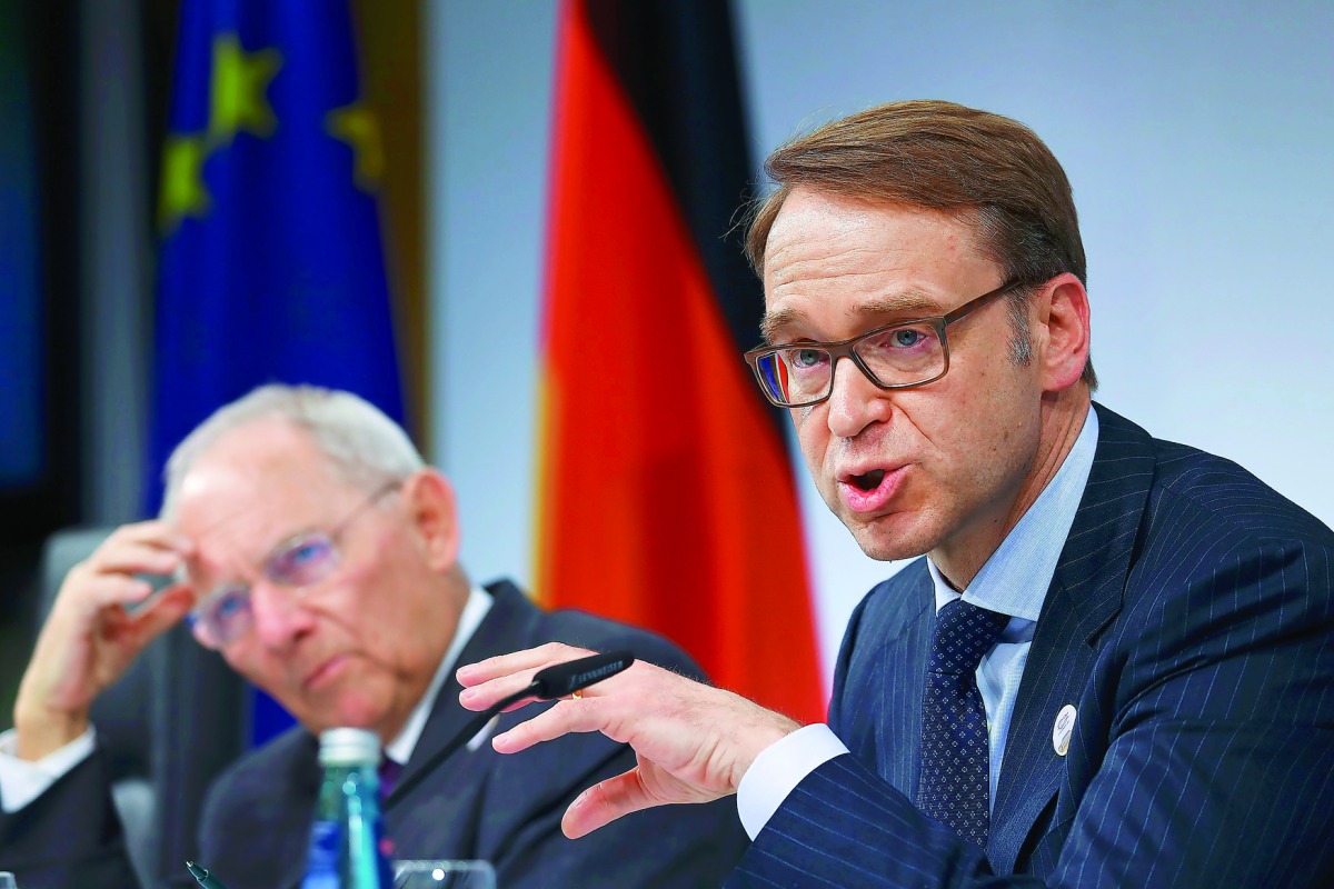 German Bundesbank President Jens Weidmann (right) and German Finance Minister Wolfgang Schaeuble  address a news conference at the G20 Finance Ministers and Central Bank Governors Meeting in Baden-Baden, Germany,