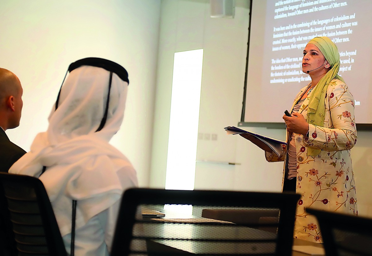 Asifa Quraishi-Landes speaking at Northwestern University in Qatar.