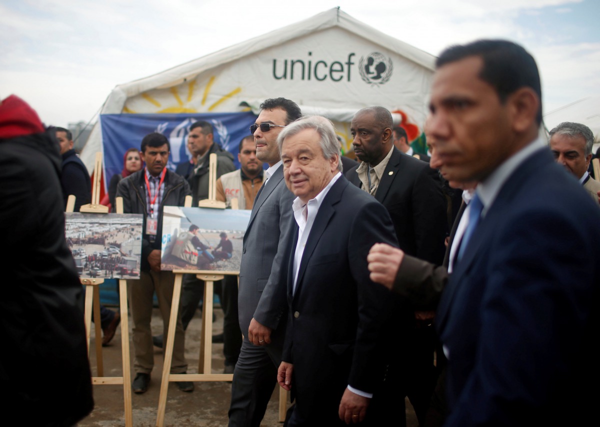 United Nations Secretary General Antonio Guterres visits displaced Iraqis who fled Mosul, at Hasansham camp, in Khazer, Iraq March 31, 2017. REUTERS/Suhaib Salem