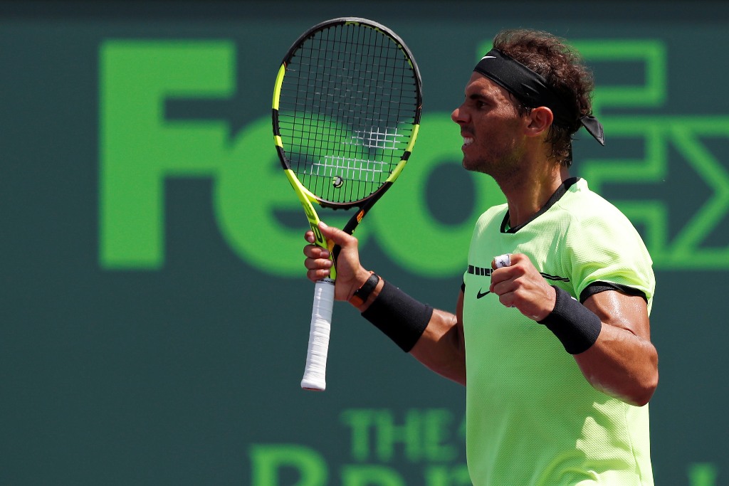 Rafael Nadal of Spain celebrates after winning match point against Fabio Fognini of Italy (not pictured) during a men's singles semi-final in the 2017 Miami Open at Brandon Park Tennis Center. Nadal won 6-1, 7-5. Mandatory Credit: Geoff Burke-USA TODAY Sp