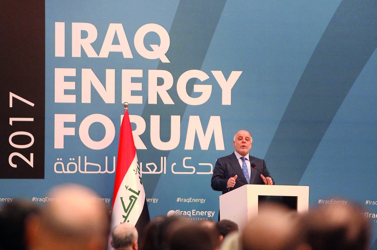Iraqi Prime Minister Haider Al Abadi speaks during the Iraq Energy Forum at Al Rashid Hotel in Baghdad, yesterday.