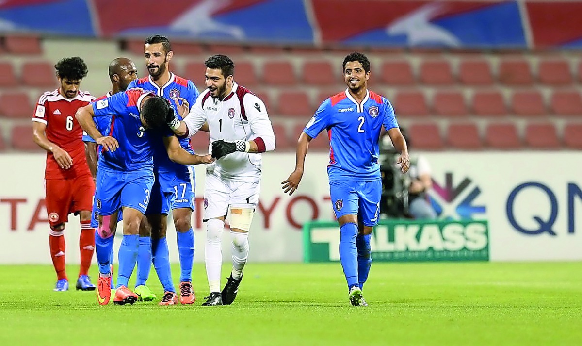 Al Shahania's players celebrate a goal against Al Arabi durng their QSL game last week. Al Shahania are hoping to repeat the same performance against Al Khor today.  