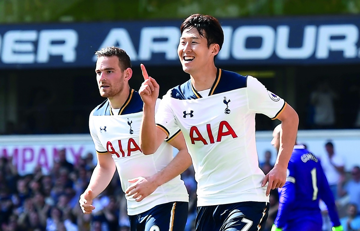 Tottenham's Son Heung-Min celebrates after scoring a goal against Watford during their Premier League match at White Hart Lane in London 