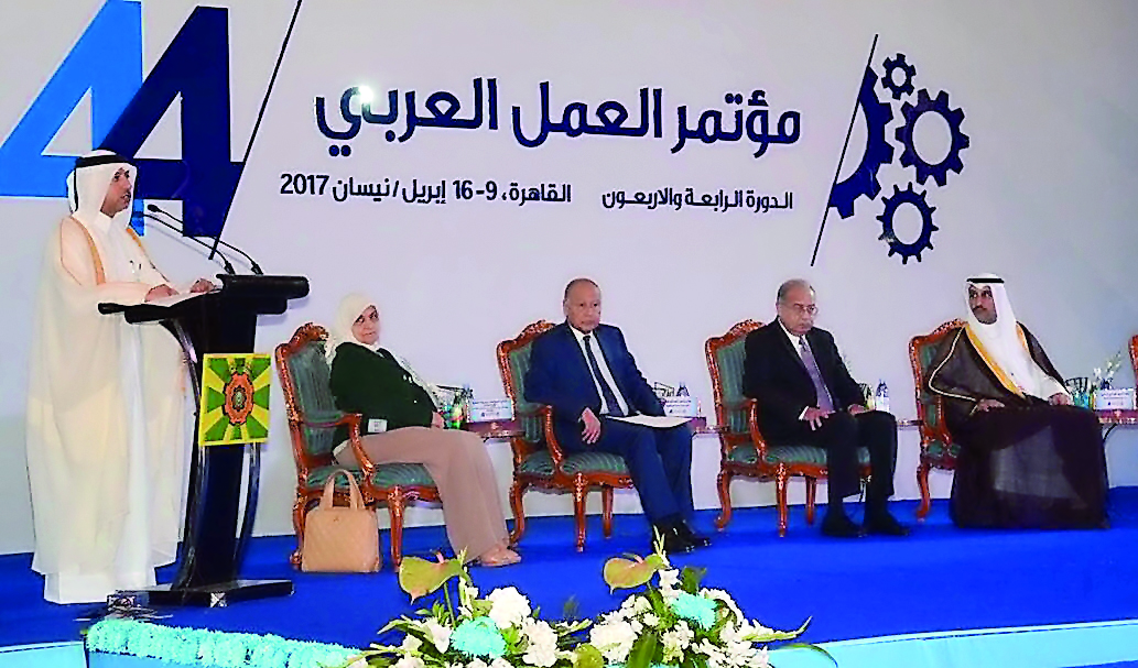 H E Dr Issa bin Saad Al Jafali Al Nuaimi, Minister of Administrative Development, Labour and Social Affairs and Chairman of the Arab Labour Organisation (ALO) Board of Directors, at the conference in Cairo yesterday.
