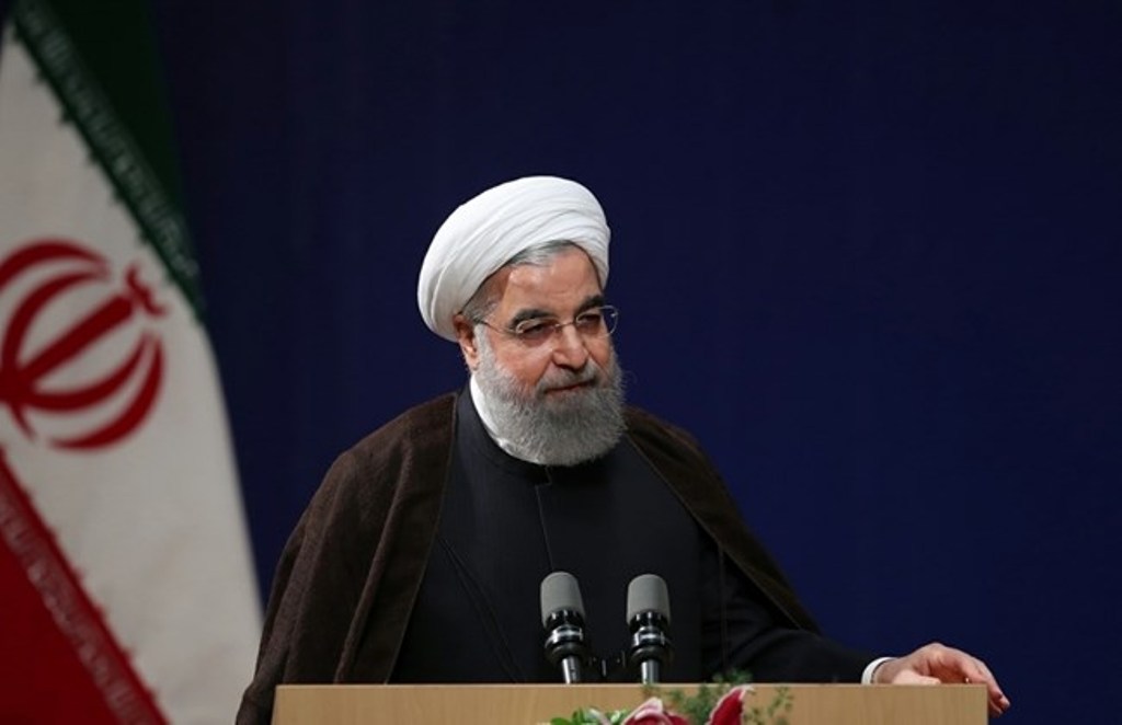 A handout picture provided by the office of Iranian President Hassan Rouhani on April 8, 2017, shows him speaking during a conference in Tehran. / AFP / IRANIAN PRESIDENCY / HO.