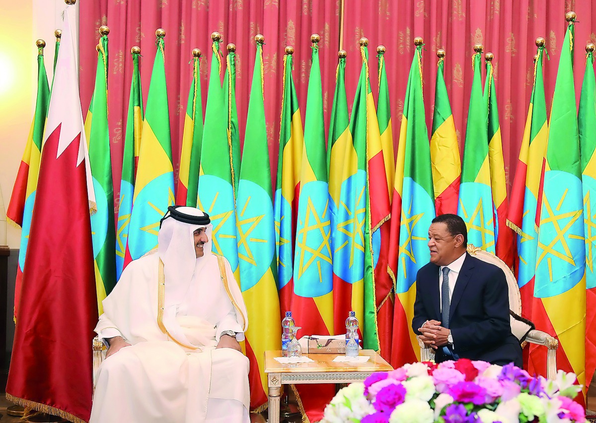 Emir H H Sheikh Tamim bin Hamad Al Thani holding talks with President of  Ethiopia, Dr Mulatu Teshome, at the National Palace in Addis Ababa, yesterday.