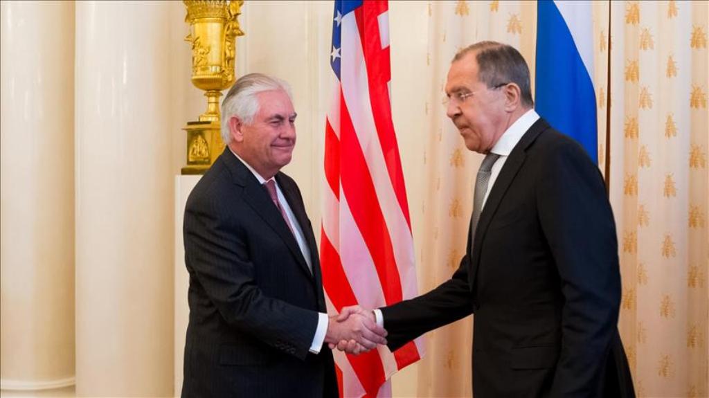 U.S. Secretary of State Rex Tillerson (L) and Minister of Foreign Affairs of Russia Sergey Lavrov (R) shake hands during their meeting in Moscow, Russia on April 12, 2017. ( Moroz Valerij / Russian Foreign Ministry Press Office / Handout - Anadolu Agency 