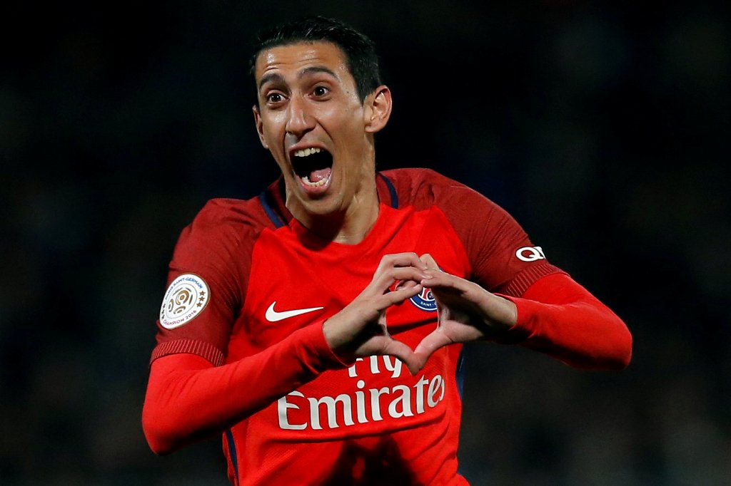 Paris St Germain's Angel Di Maria celebrates after scoring. REUTERS/Stephane Mahe
