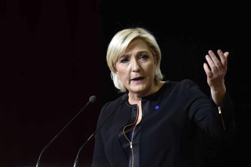French presidential election candidate for the far-right Front National (FN) party, Marine Le Pen speaks during a campaign rally on April 15, 2017 in Perpignan, southwestern France. / AFP / Alain JOCARD
