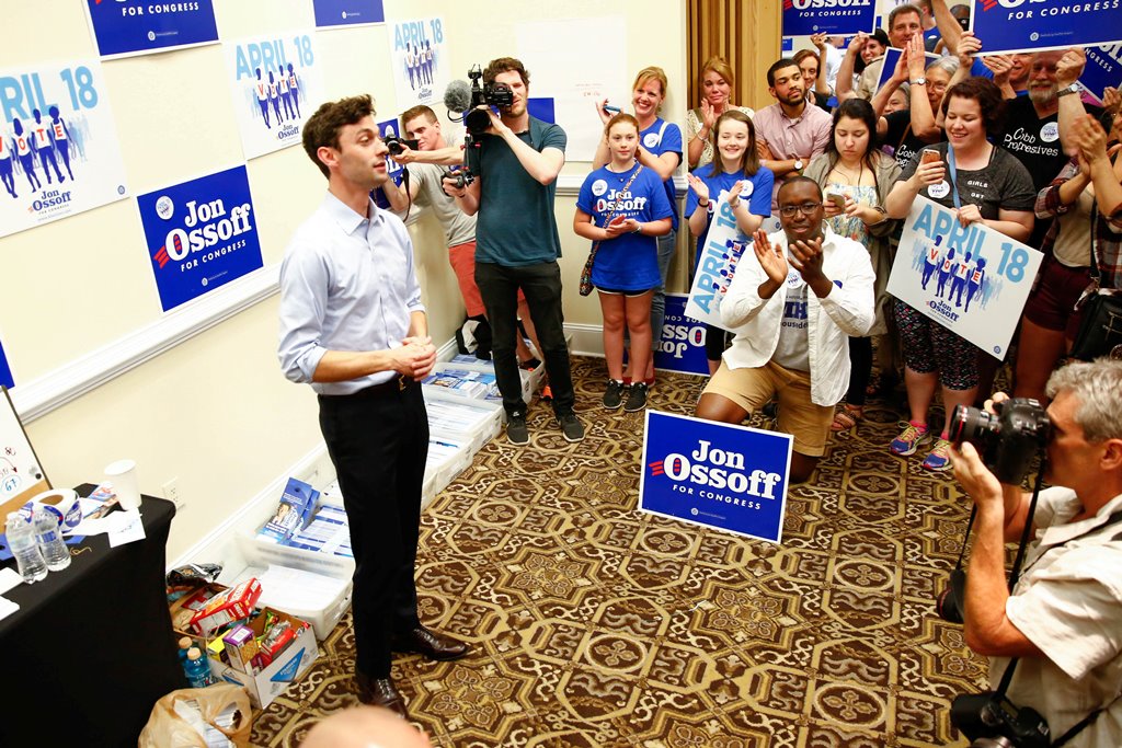 Democratic candidate Jon Ossoff for Georgia's 6th Congressional District special election speaks during an election eve rally at Andretti Indoor Karting and Games in Roswell, Georgia, April 17, 2017. REUTERS/Kevin D. Liles

