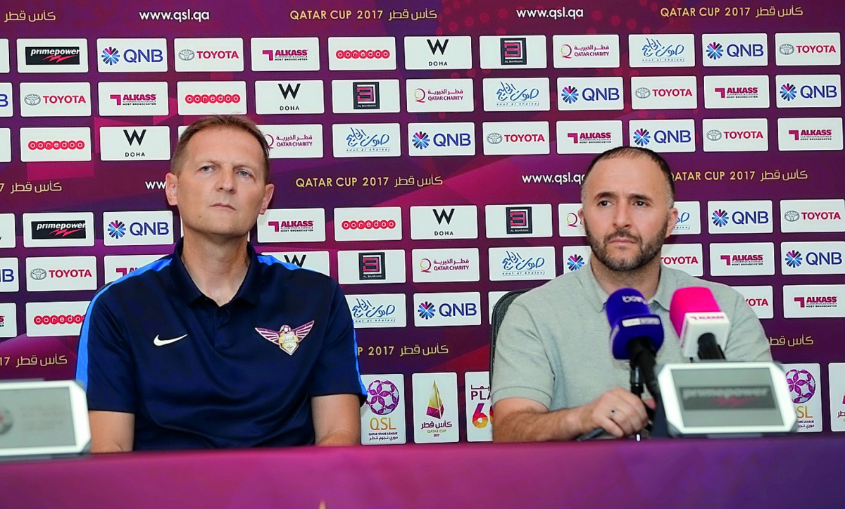 Lekhwiya coach Djamel Belmadi (right) during a press conference ahead of the second Qatar Cup semi-final against El Jaish.