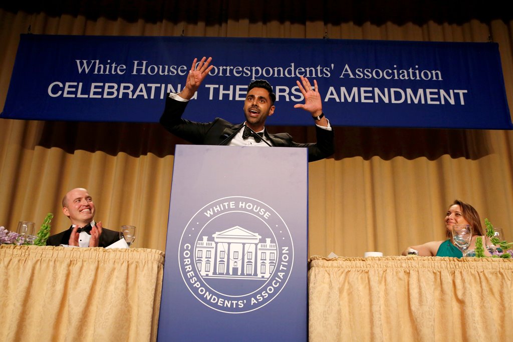 Hasan Minhaj (C) of Comedy Central performs at the White House Correspondents' Association dinner in Washington, U.S. April 29, 2017. Reuters/Jonathan Ernst
