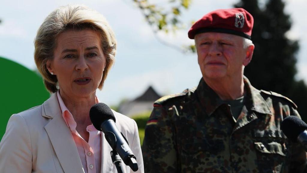 German defence minister Ursula von der Leyen and inspector general of the German armed forces Bundeswehr, Volker Wieker (right), during a news conference in eastern France on May 3, 2017. Von der Leyen has scrapped a US trip to deal with a scandal over a 