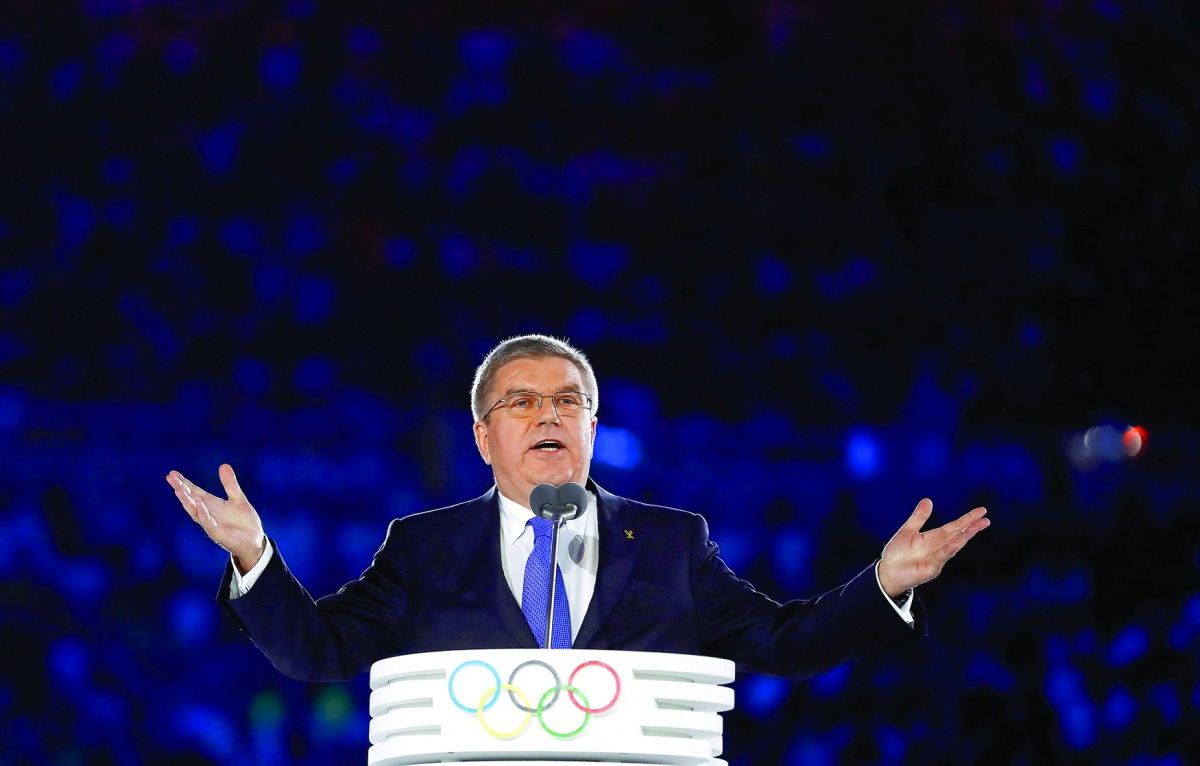 IOC President Thomas Bach speaks during the Rio Olympics opening ceremony in this August 2016 file picture.