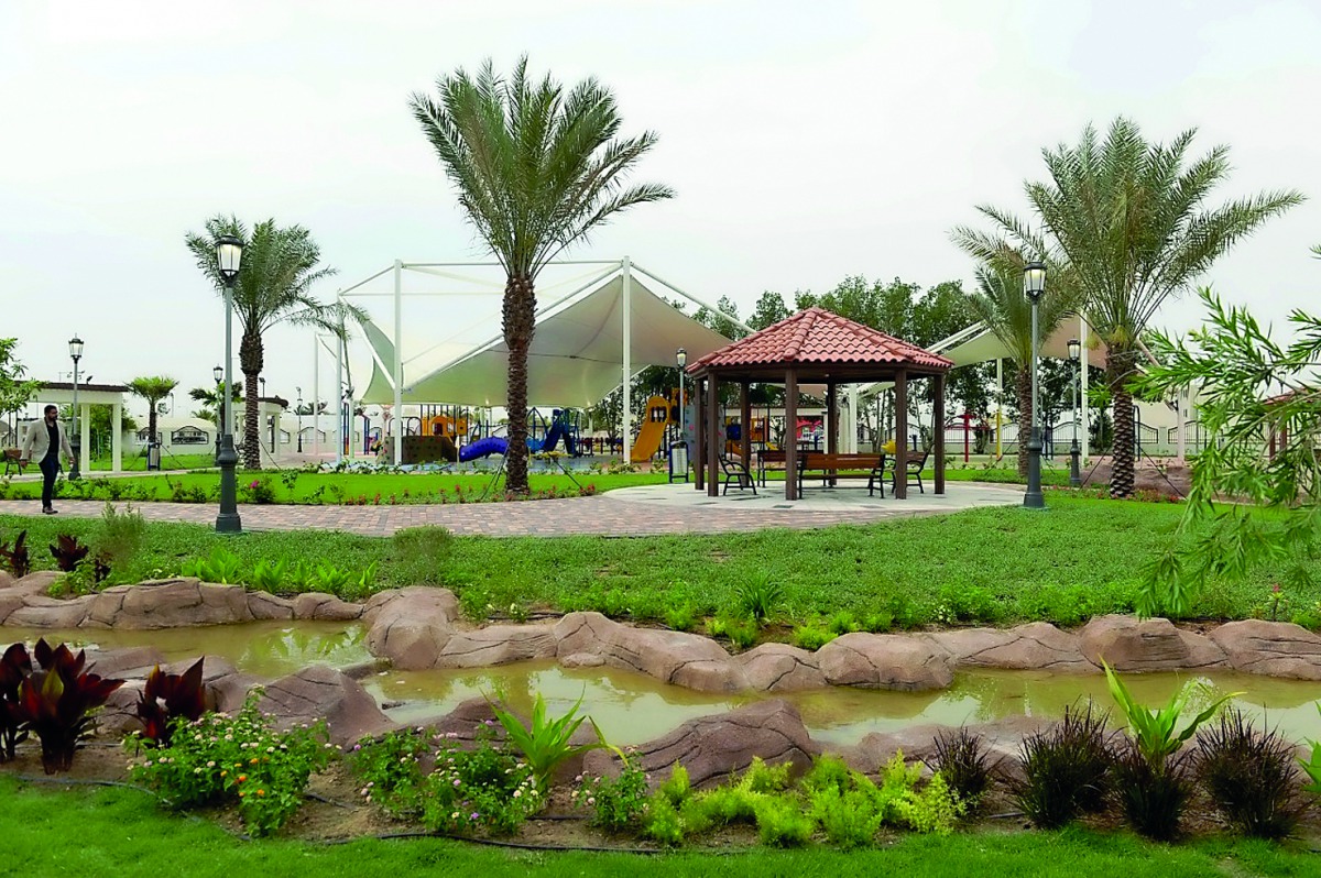 A view of Al Kaaban Park that opened to the public yesterday. The family park has sunshades and rubber flooring in playgrounds. It also has a fountain and walking trails.
