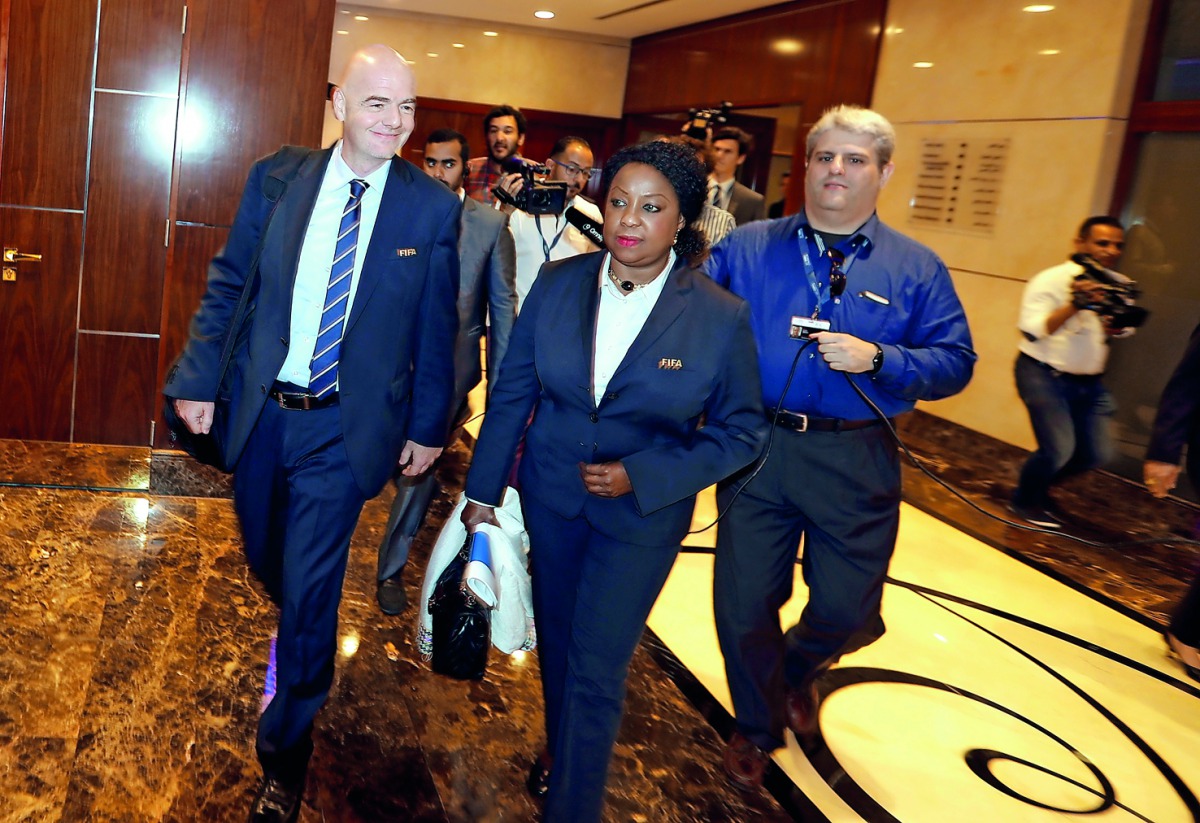 FIFA President Gianni Infantino and Secretary General Fatma Samoura arrive to attend FIFA UEFA meeting ahead of the 67th FIFA Congress in Manama Bahrain, yesterday.
