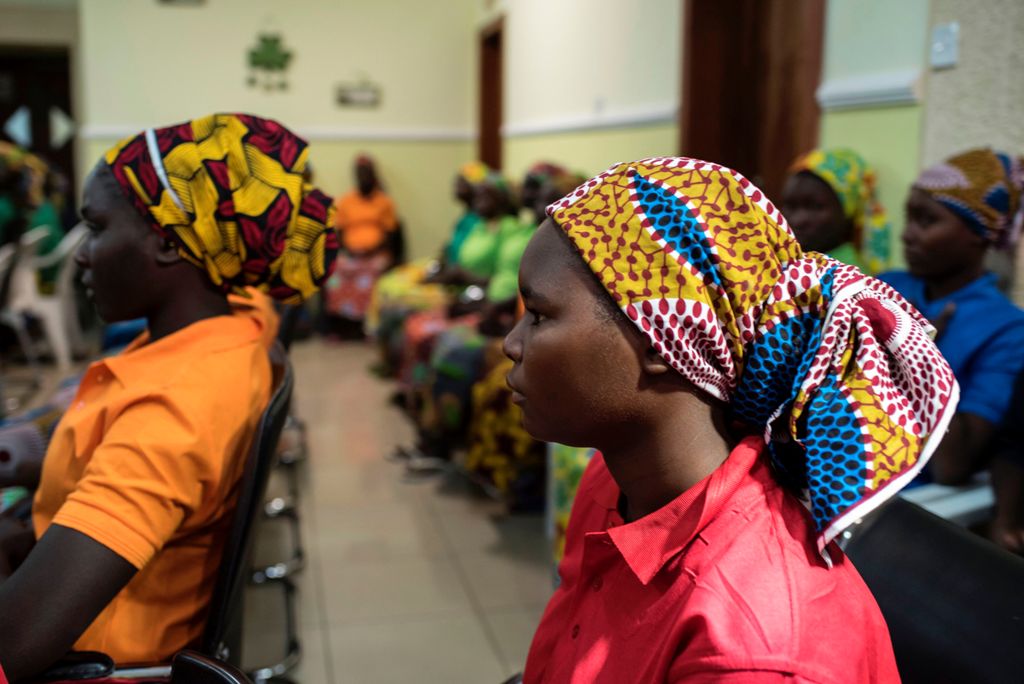 Some of the recently released girls from Chibok wait in Abuja on May 8, 2017. AFP / STEFAN HEUNIS
