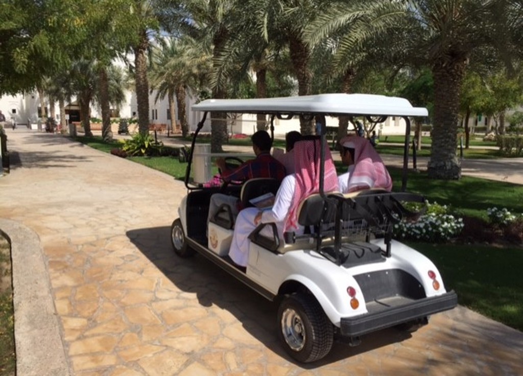 Visitors ride a golf cart at Al Daayen Municipality.