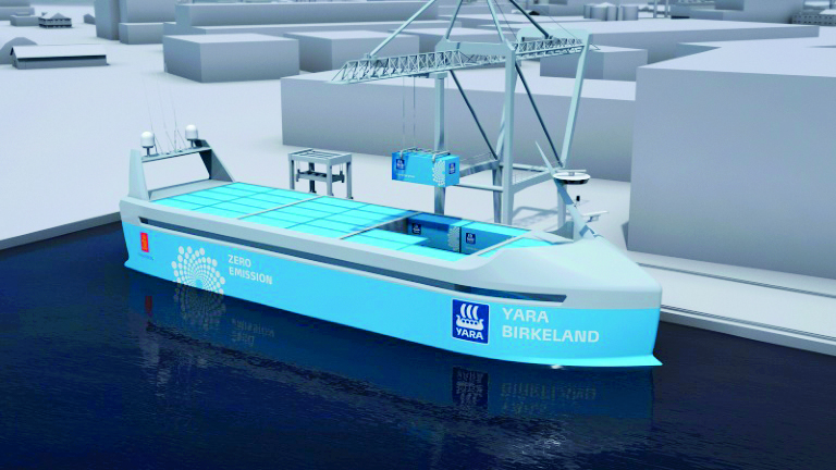 A computer-generated design of Yara Birkeland, the proposed self-sailing electric cargo ship.
