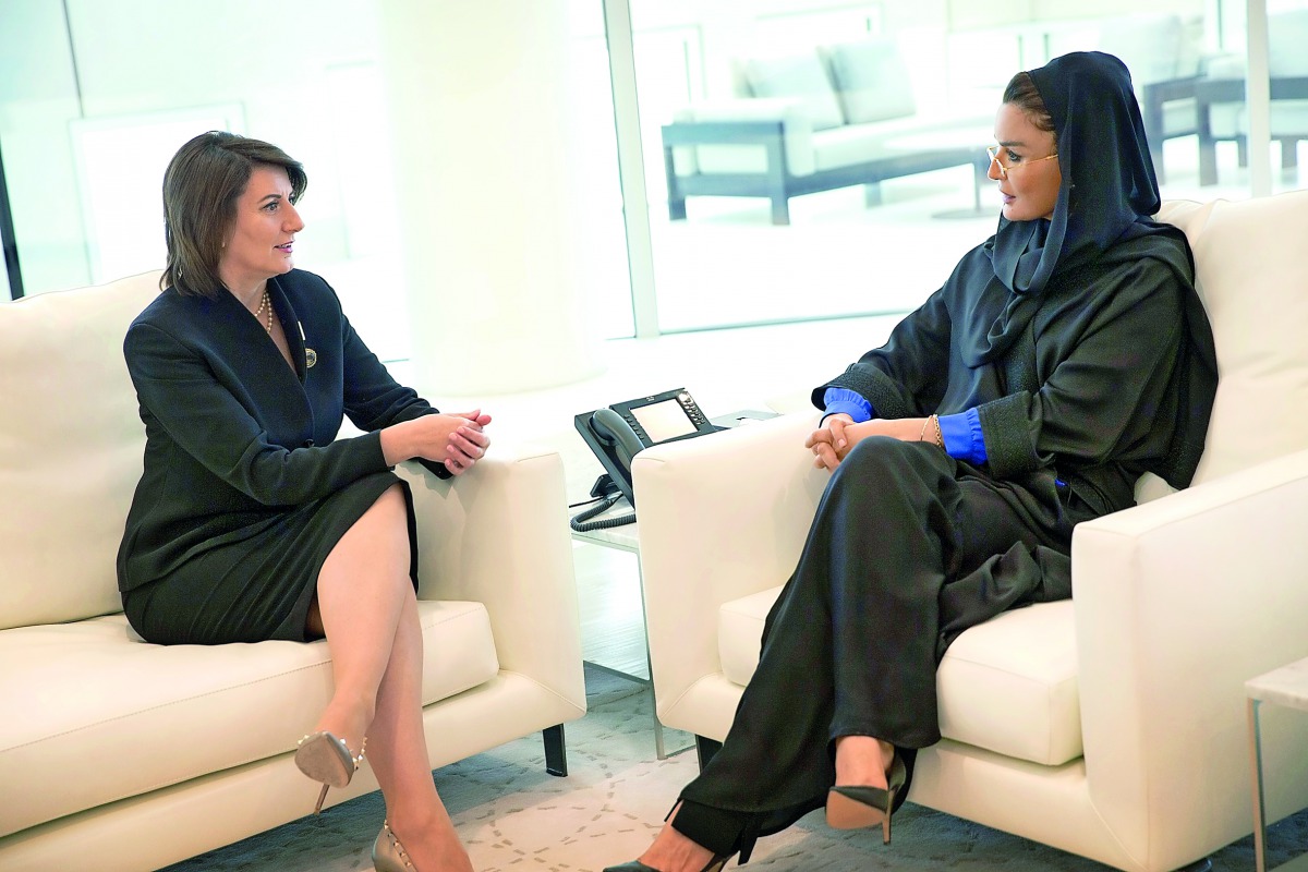 H H Sheikha Moza bint Nasser with former president of the Republic of Kosovo, Atifete Jahjaga, in her office in Doha yesterday. They discussed social issues in Kosovo and the ways to improve them, including women's rights and equal access to education. 