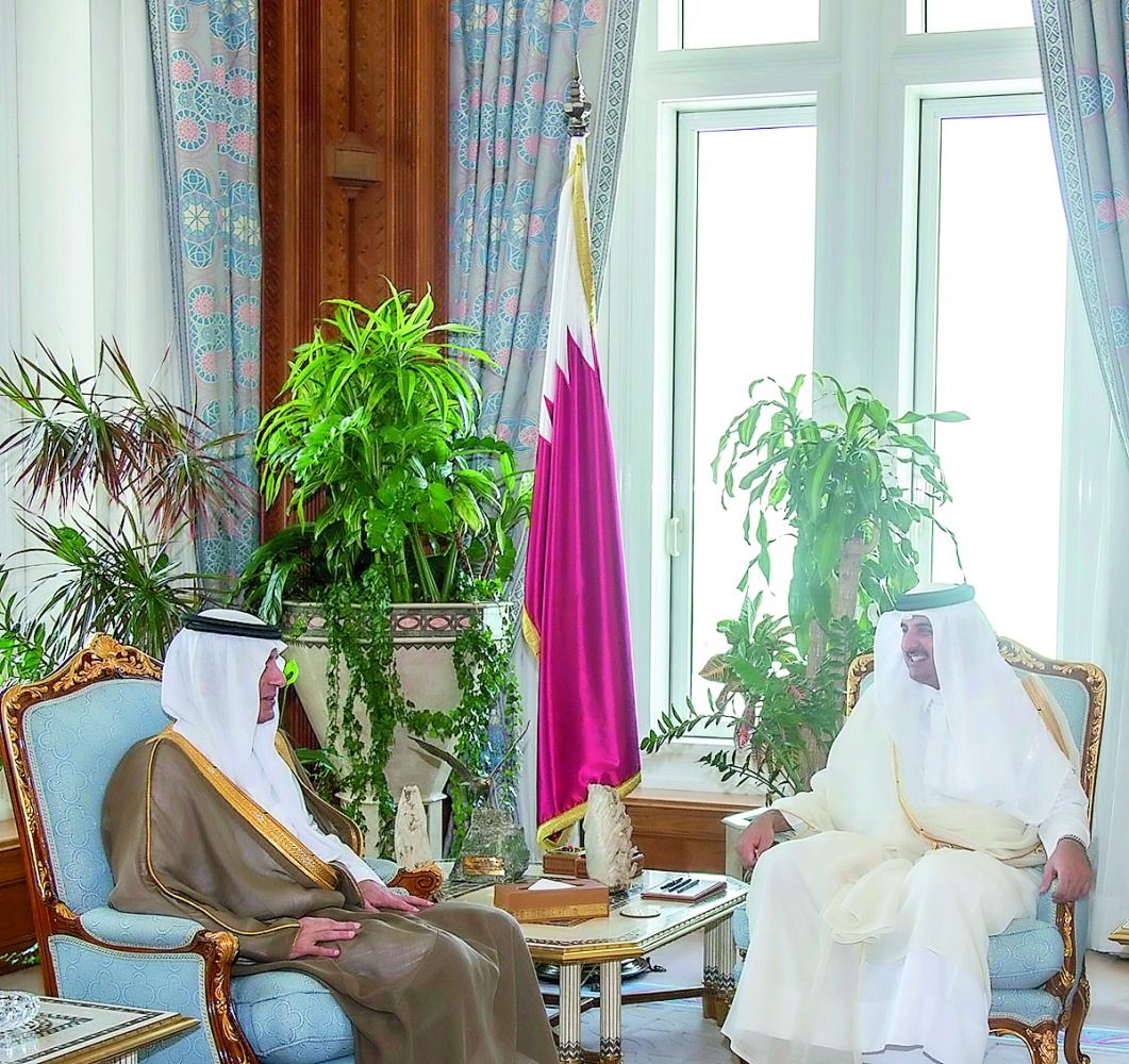 Emir H H Sheikh Tamim bin Hamad Al Thani with the Minister of Foreign Affairs of the Kingdom Saudi Arabia, Adel bin Ahmed Al Jubeir, at the Emiri Diwan, yesterday.