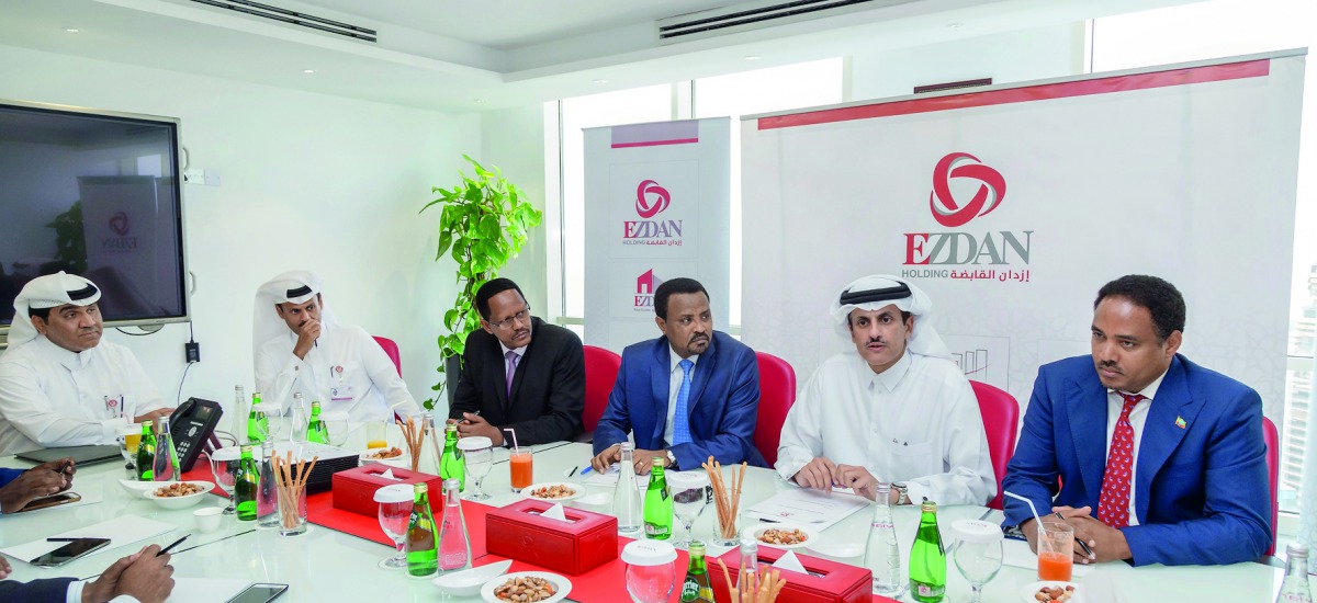 Sheikh Dr Khalid bin Thani bin Abdullah Al Thani ( second right), Chairman of Ezdan Holding Group; Ezdan's Vice-Chairman Sheikh Abdullah bin Thani Al Thani (second left), and Group CEO Ali Mohamed Al Obaidli (left) and dignitaries from Ethiopia at a meeti