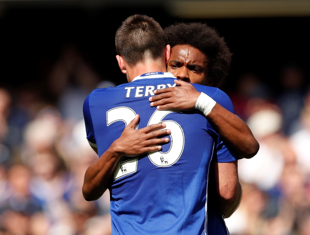 Chelsea's John Terry hugs Willian as he walks off to be substituted in his final appearance for the club Action Images via Reuters / John Sibley 