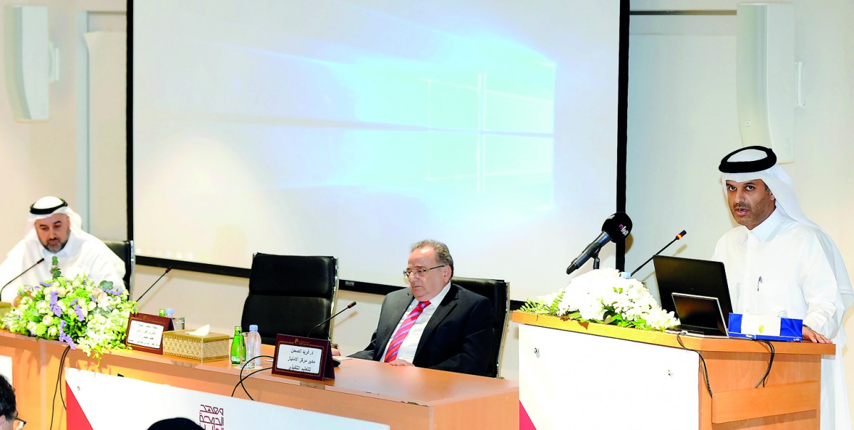 Dr Thani bin Ali Al Thani Board Member, Qatar International Centre for Conciliation and Arbitration, addressing the seminar held at the Doha Institute yesterday. Others from left are, Dr Mohamed Buheji, and Dr Farid Elsahn, Director of the Executive Educa