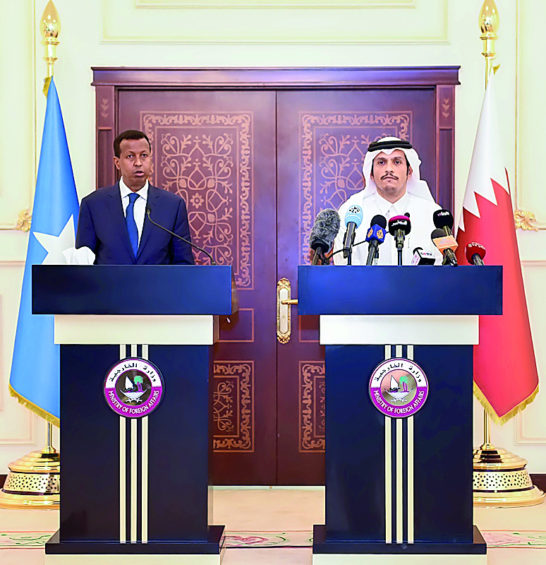 Foreign Minister H E Sheikh Mohamed bin Abdulrahman Al Thani with the Somalia Foreign Minister, Yussef Jarad Omar Ahmed, during a joint press conference in Doha yesterday.