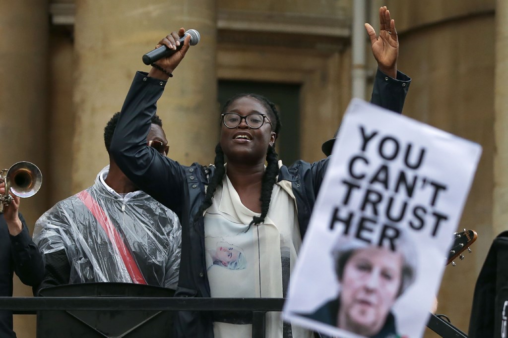 Leading vocalist of 'Captain SKA', Abiola performs the track 'Liar, Liar' during a protest to complain about BBC Radio 1's refusal to play the 'Liar Liar' song, outside BBC Broadcasting House in London on June 2, 2017. AFP / Daniel LEAL-OLIVAS