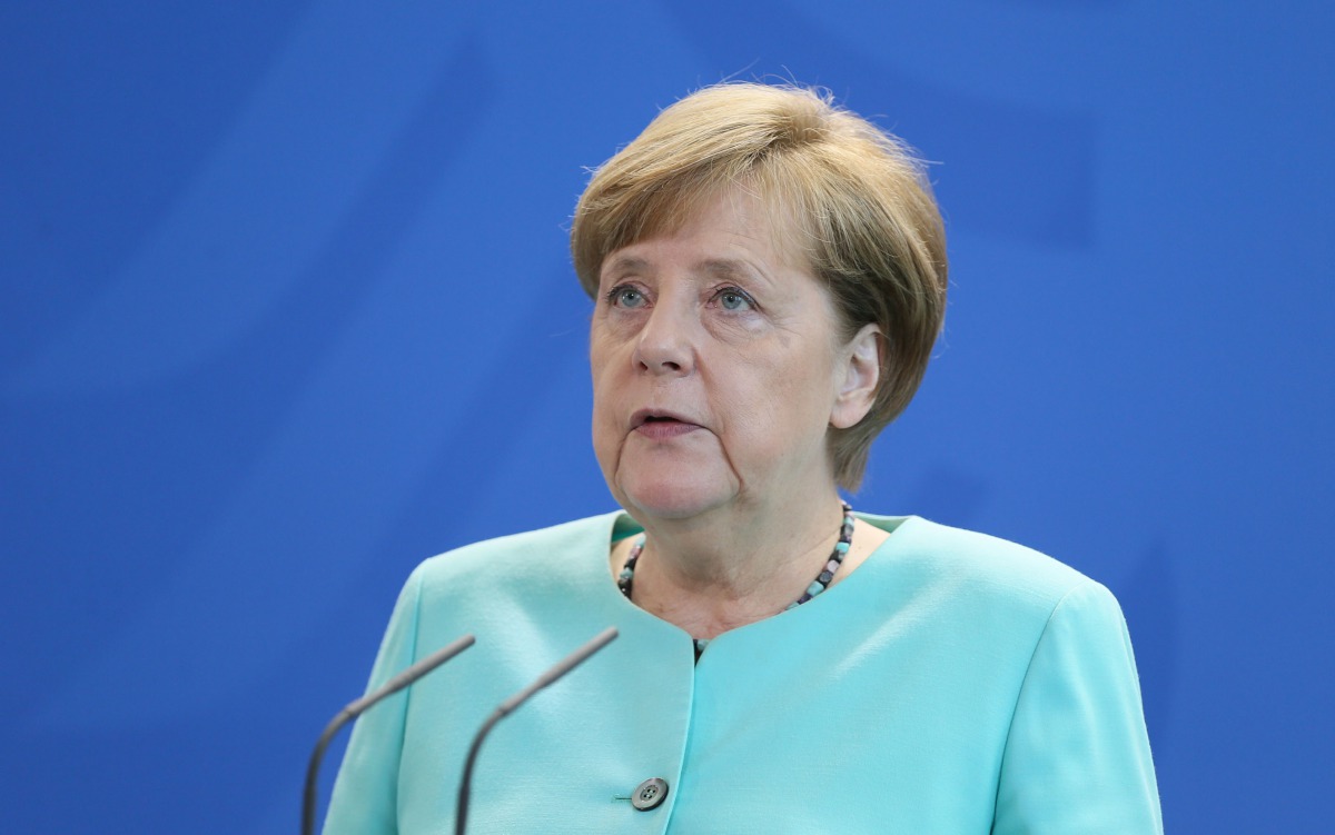 BERLIN, GERMANY - JUNE 02: German Chancellor Angela Merkel delivers a speech during a press conference regarding the U.S. President Donald Trump's statements that he will withdraw the United States from the Paris Climate Agreement on June 02, 2017 in Berl
