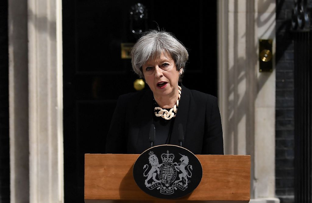 Britain's Prime Minister Theresa May delivers a statement outside 10 Downing Street in central London on June 4, 2017, following the June 3 terror attack. AFP / Justin TALLIS