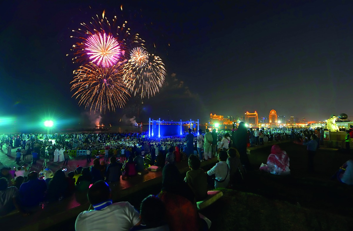 People enjoying fire works as part of the Eid Al Fitr celebrations in Katara, yesterday. Pic: Baher Amin / The Peninsula 