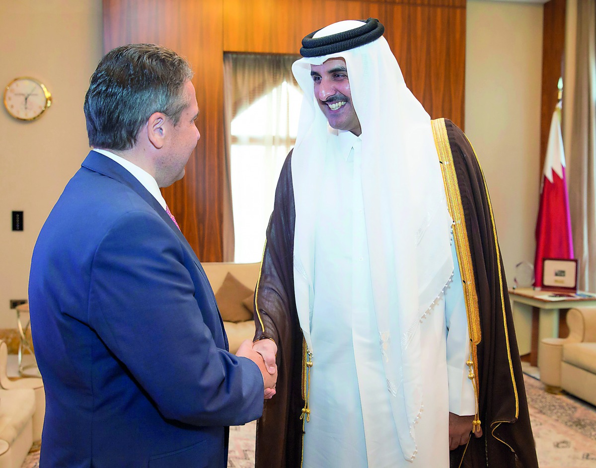 Emir H H Sheikh Tamim bin Hamad Al Thani met with Foreign Minister of Federal Republic of Germany, Sigmar Gabriel, and the accompanying delegation, at Al Bahar Palace, yesterday.