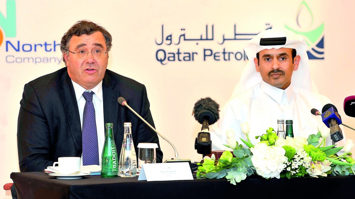 Saad Sherida Al Kaabi (right), President and CEO of Qatar Petroleum, and Patrick Pouyanné, Chairman and CEO of Total, at a press conference after the inauguration of the North Oil Company, held at Sheraton Grand  Doha, yesterday. Pic: by Kammutty VP/The P