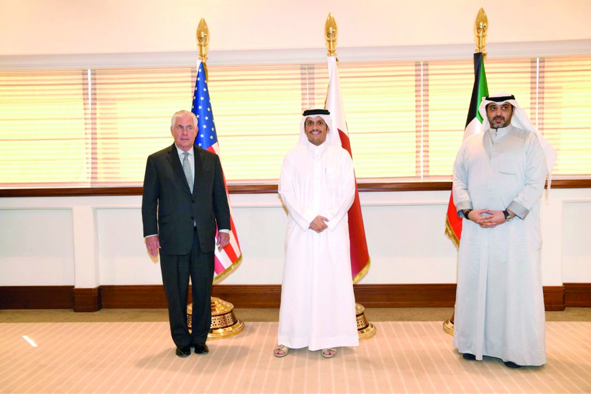 Foreign Minister H E Sheikh Mohammed bin Abdulrahman Al Thani with US Secretary of State Rex Tillerson, and Minister of State for Cabinet Affairs and Acting Information Minister of Kuwait, Sheikh Mohammed Al Abdullah Al Mubarak Al Sabah.