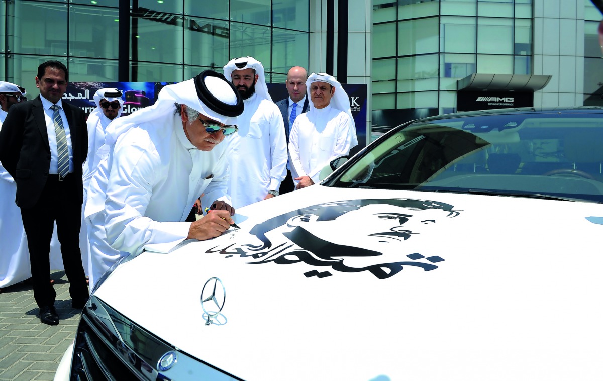 Nasser Bin Khaled (NBK) Holding Chairman Sheikh Nawaf bin Nasser bin Khaled Al Thani and other officials during the launch of ‘Journey of Glory’ national campaign at a function held at NBK’s Benz showroom in Doha yesterday.
Pic: Salim Matramkot / The Pen