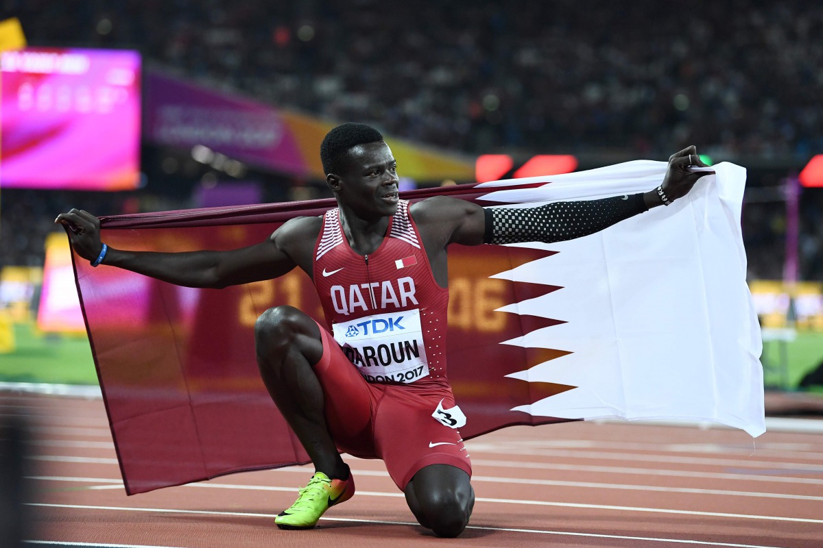 Qatar's Abdalelah Haroun reacts after coming third in the final of the men's 400m athletics event at the 2017 IAAF World Championships at the London Stadium in London on August 8, 2017. AFP / Jewel Samad