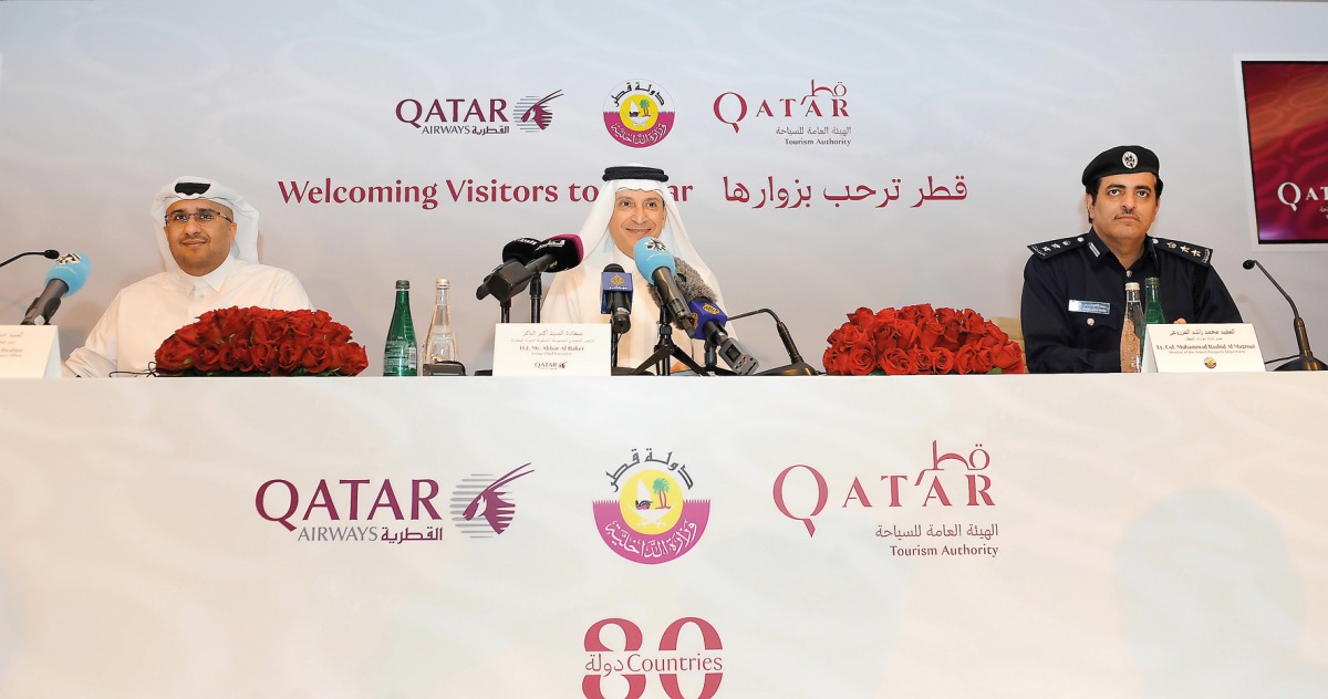 Qatar Airways Group Chief Executive Akbar Al Baker (centre) with Chief Tourism Development Officer of QTA, Hassan Al Ibrahim (left) and Lt. Col. Muhammad Rashid Al Mazroui, Director of the Airport Passports Department, at a press conference in Doha yester