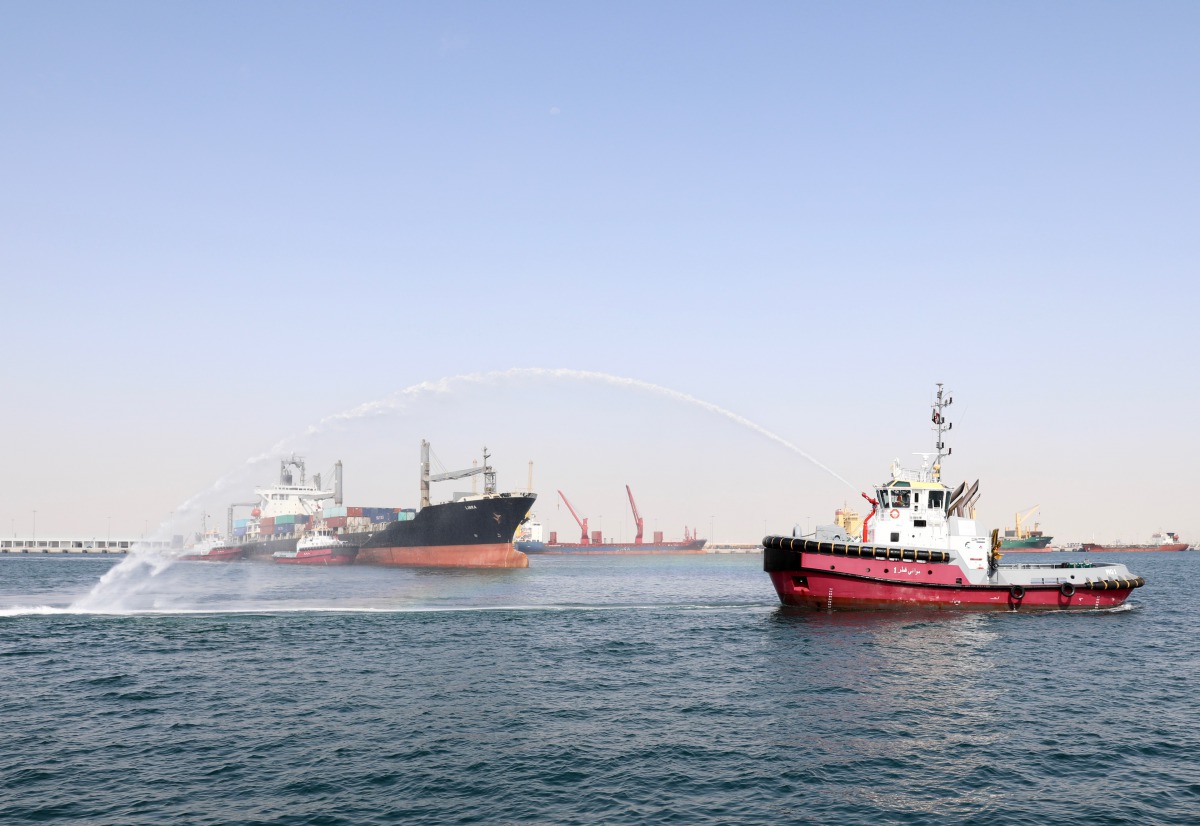 The container vessel Libra getting a water salute on reaching the Hamad Port.